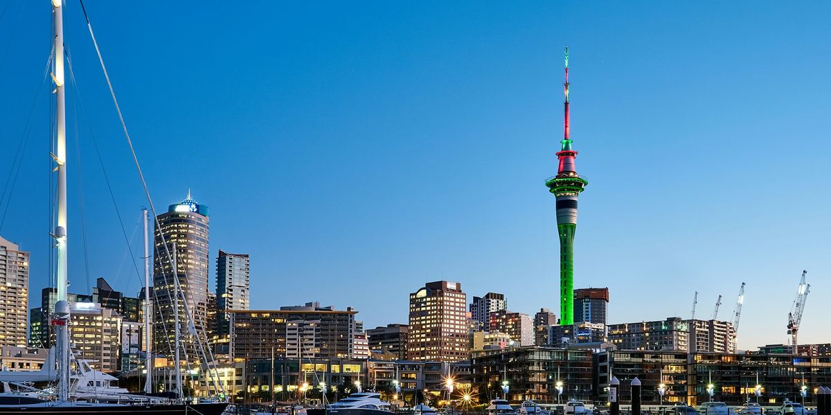 The Auckland city skyline and Sky Tower on a clear blue day