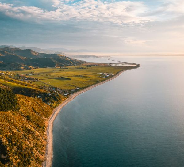 Aerial view of the coastline near Nelson at sunset