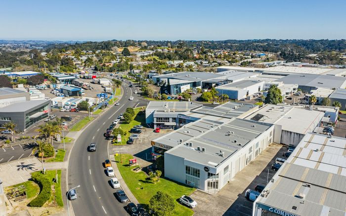 Aerial view of a business park and car parks on Auckland's North Shore