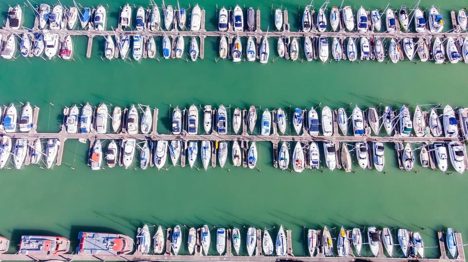 Yachts moored in rows at a New Zealand marina