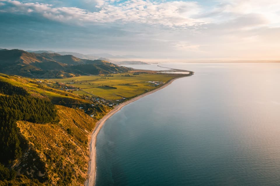 Aerial view of the coastline near Nelson at sunset