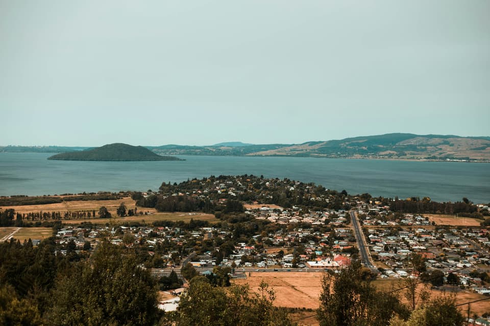 Rotorua city and Lake Rotorua seen from the Skyline lookout