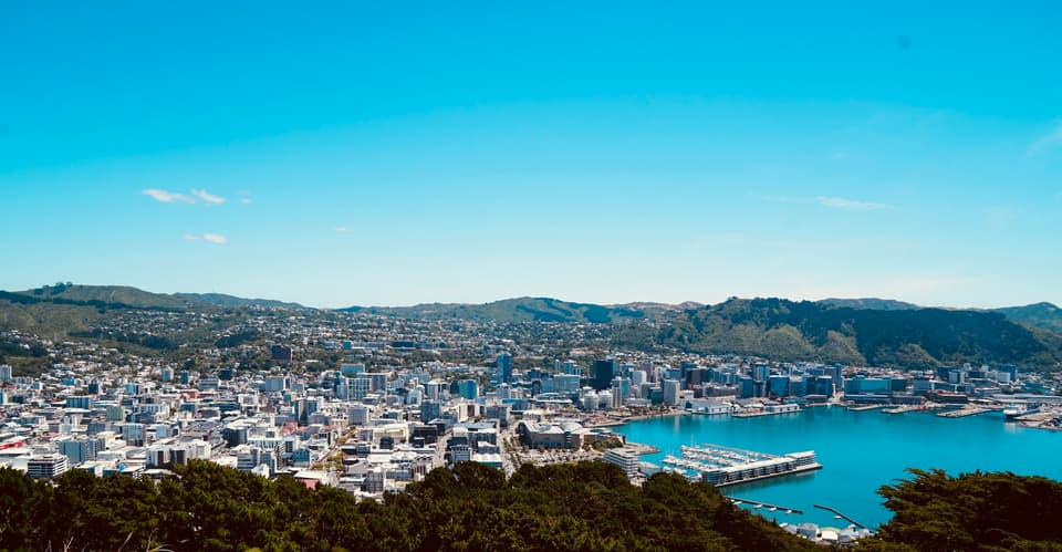 Wellington city and harbour under a clear blue sky